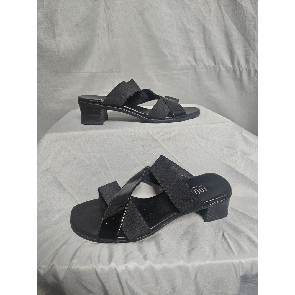 Munro American Womens 6.5 WW Black Patent Elastic Low Block Heel Slide Sandals - Picture 7 of 8